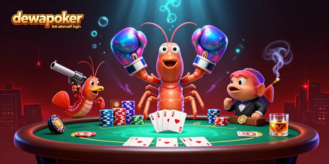Experience the excitement at dewapoker link alternatif login with vivid poker action in a cartoonish underwater scene.