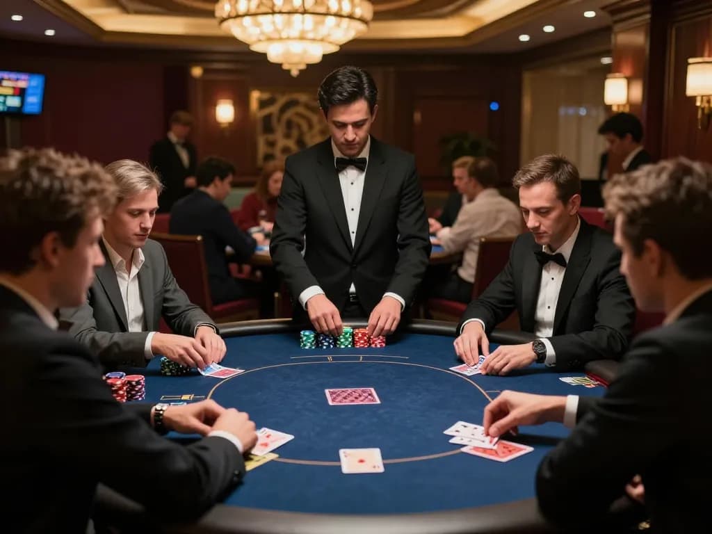 F8BET players engaged in a poker game strategy at a luxurious casino table during a competitive session