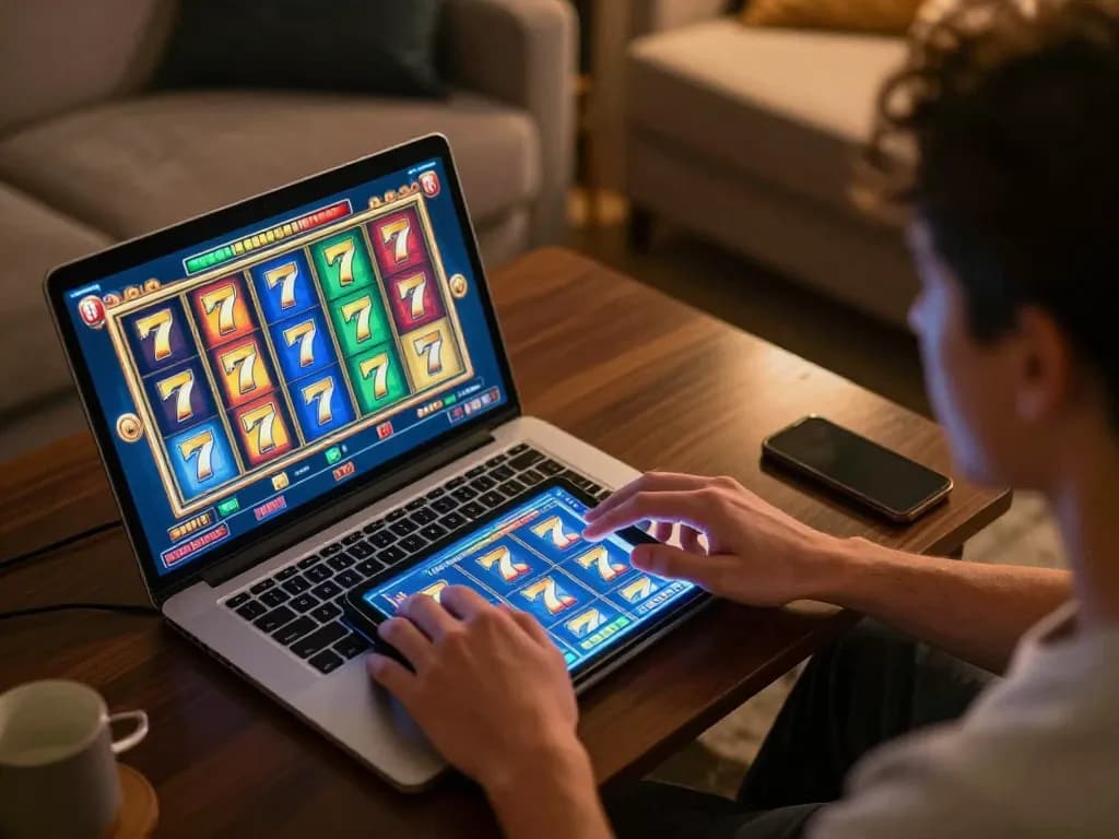 Player enjoying a thrilling game of slot 777 on a tablet in a cozy home setting, highlighting online gaming strategies