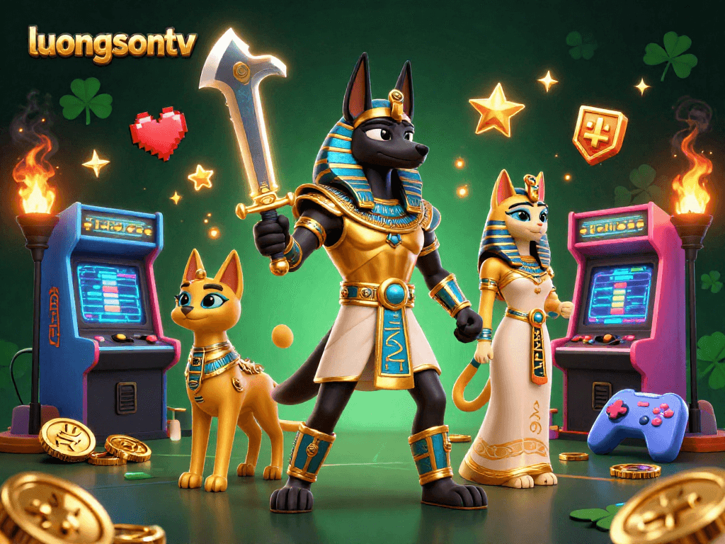 Experience thrilling moments with luongsontv through this vibrant illustration featuring Egyptian myths and gaming elements.