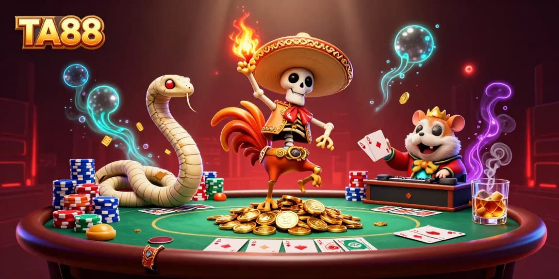 Celebrate wins at TA88 with a vibrant 3D casino scene featuring lively characters and poker elements.