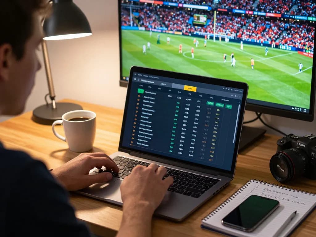 Analyze odds on a laptop with luckyindex for strategic sports betting action at home.
