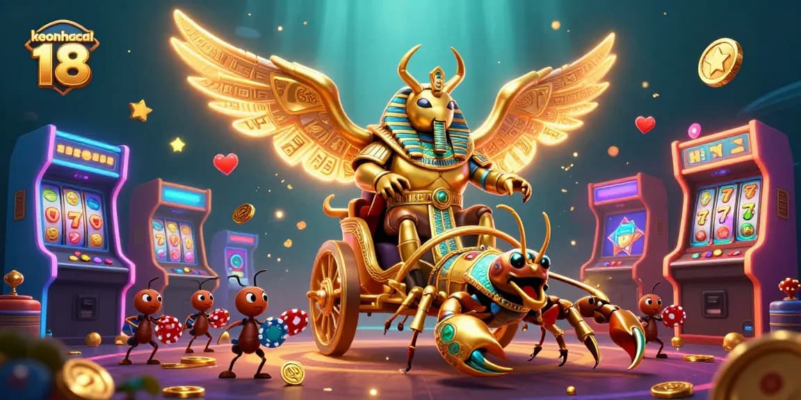 Engage with the vibrant and dynamic scene of keonhacai 18 showcasing golden scarab beetles and gaming elements.