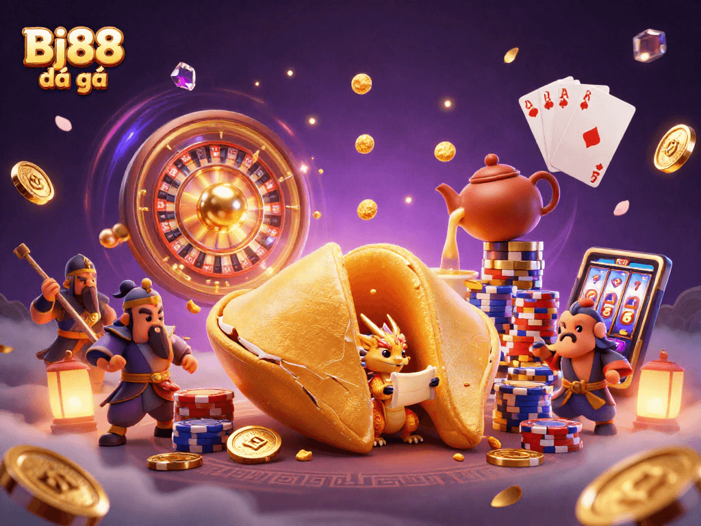 Bj88 đá gà showcases a vibrant 3D scene featuring a golden fortune cookie and stacked poker chips amidst cascading coins.