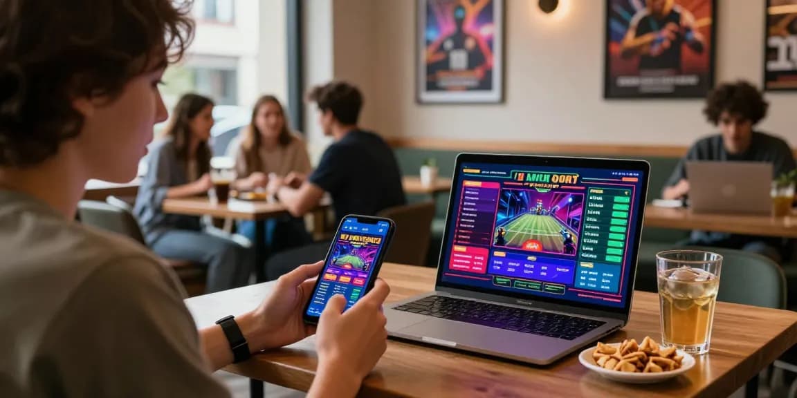 Engaging esports da sorte betting experience in a lively café environment showcasing mobile gaming and social interaction.