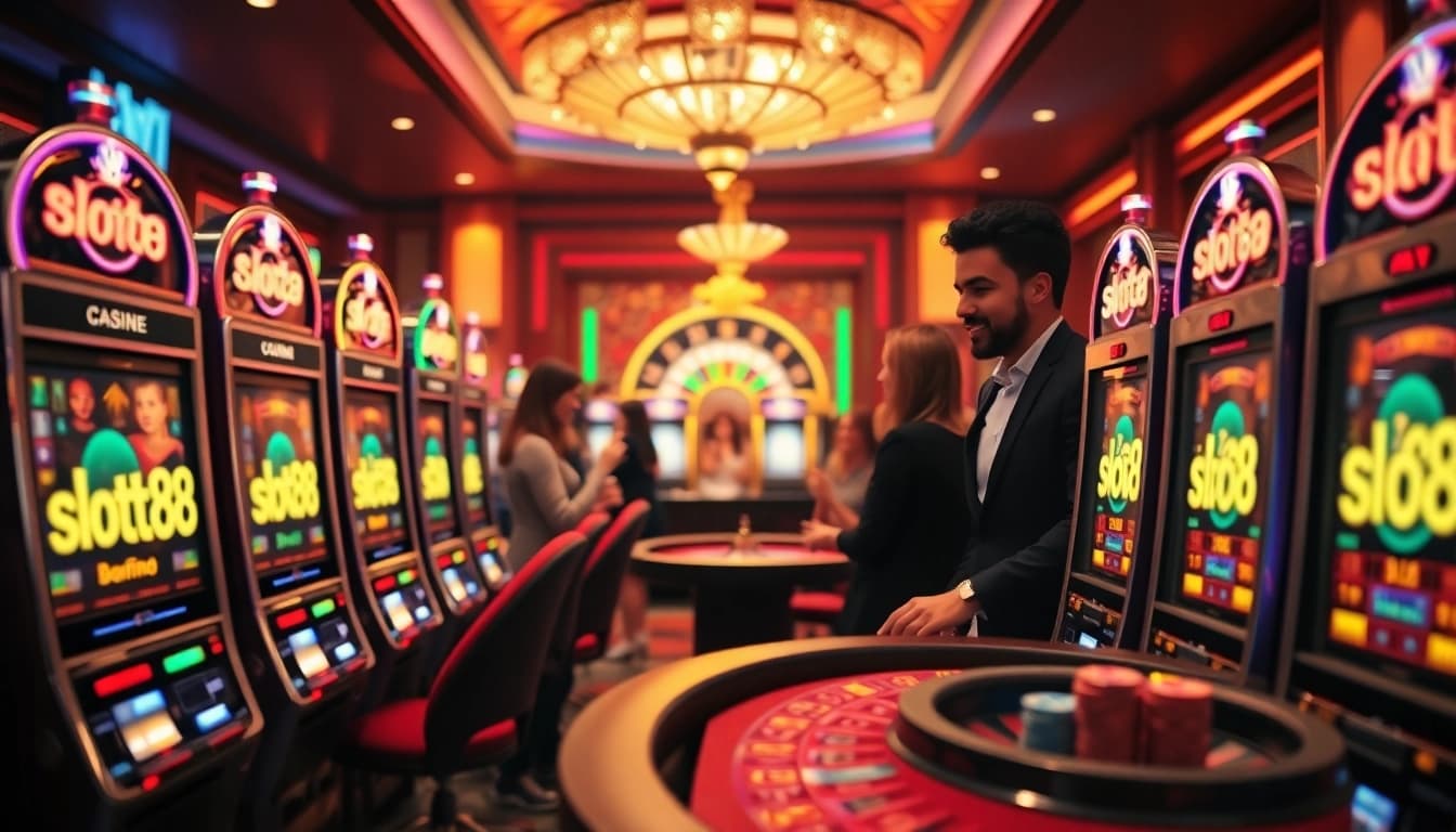 Players experiencing thrilling gameplay at slot88 machines in a lively casino atmosphere.