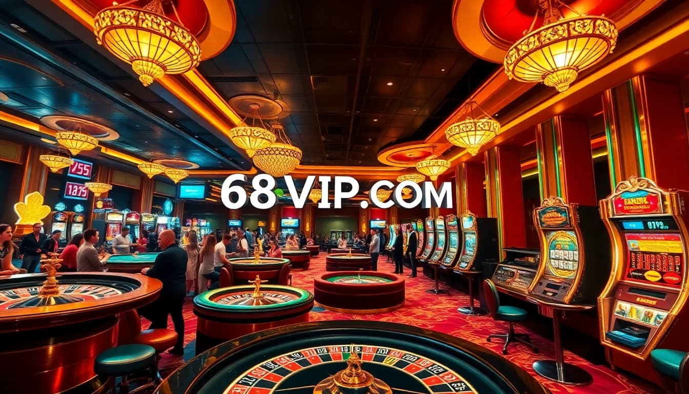 Experience the excitement of gambling at 68VIP.COM with a luxurious casino ambiance featuring players at the gaming tables.