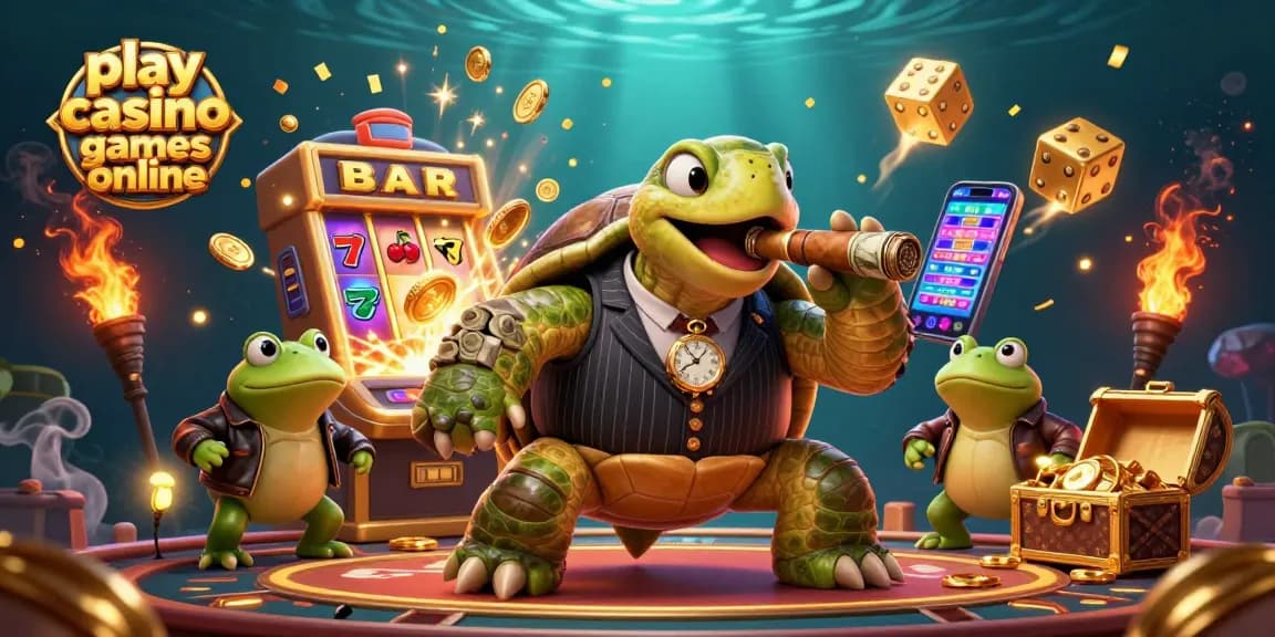 Play casino games online with exciting slot action in this vibrant 3D casino scene.