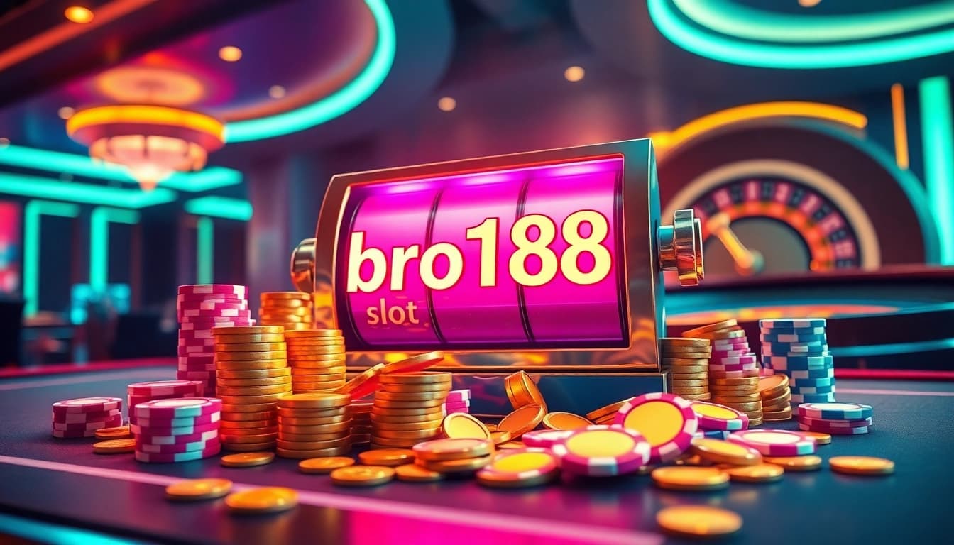 Engaging scene featuring the bro138 slot machine amidst vibrant poker chips and a roulette wheel.