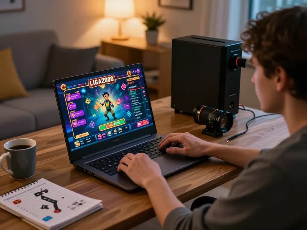 LIGA2000 player immersed in online casino gaming on laptop in cozy home office