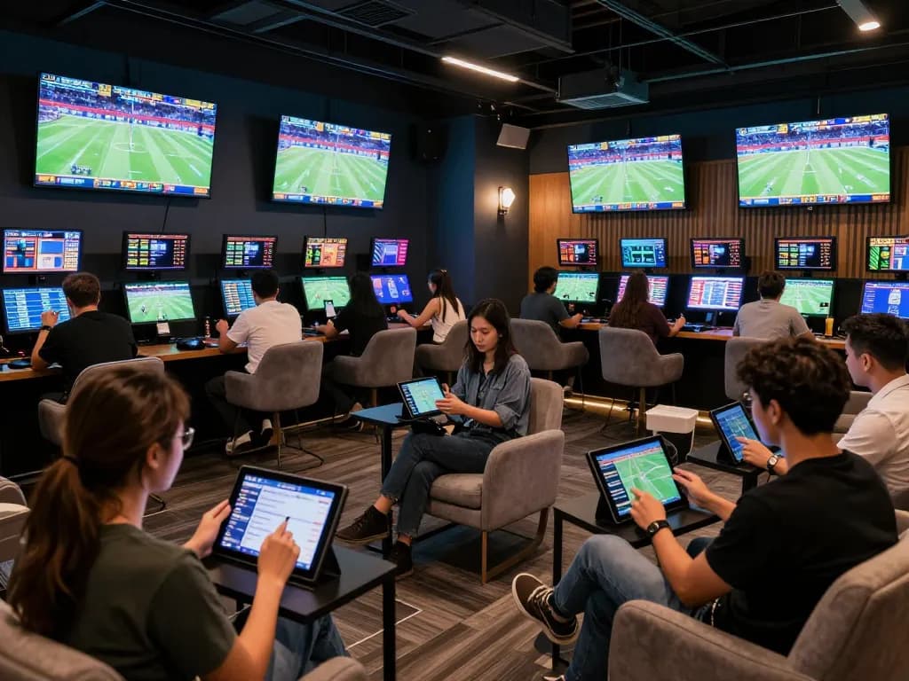 Engaged bettors analyzing odds while enjoying god55 sports in a modern sports betting lounge.