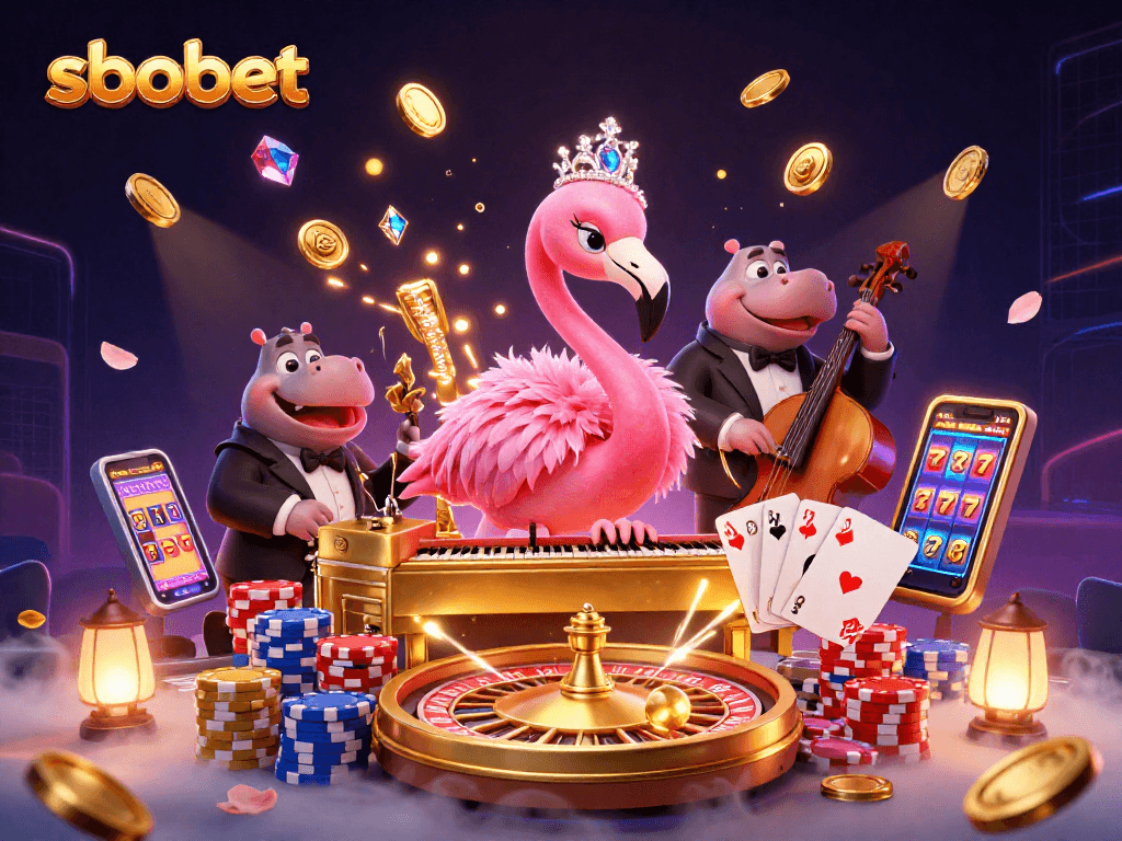 Place bets with sbobet on a vibrant casino scene featuring a singing flamingo and a hippo bassist.