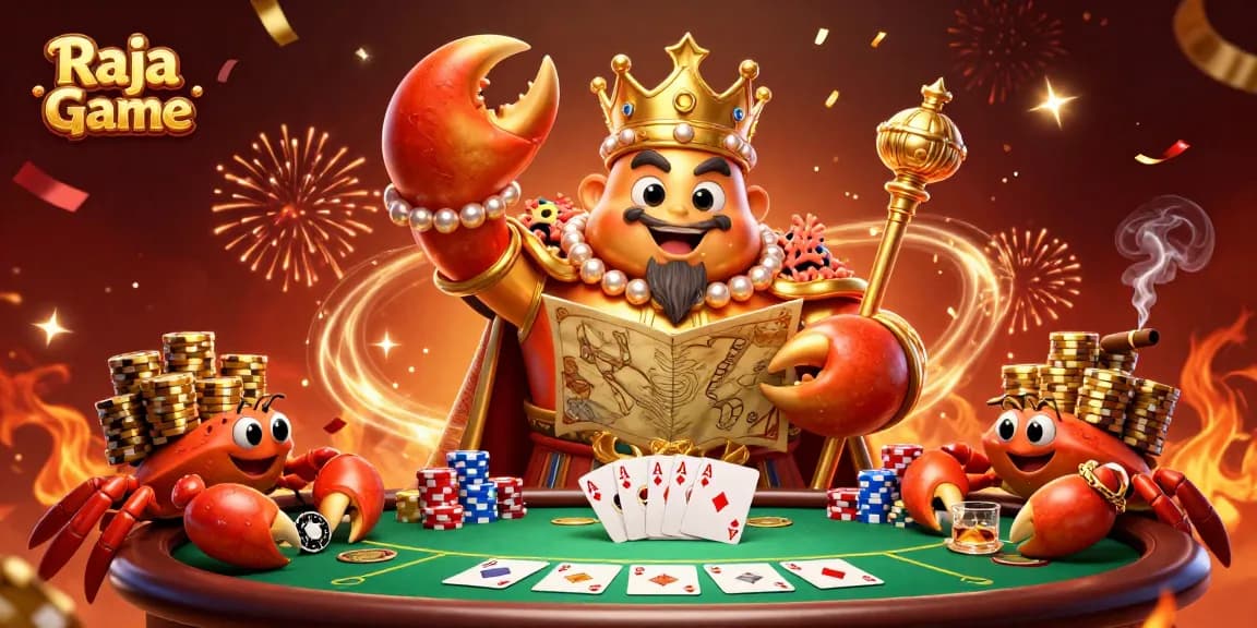 Engage with Raja Game's exciting online casino experience featuring a golden crab emperor amidst dynamic poker elements.