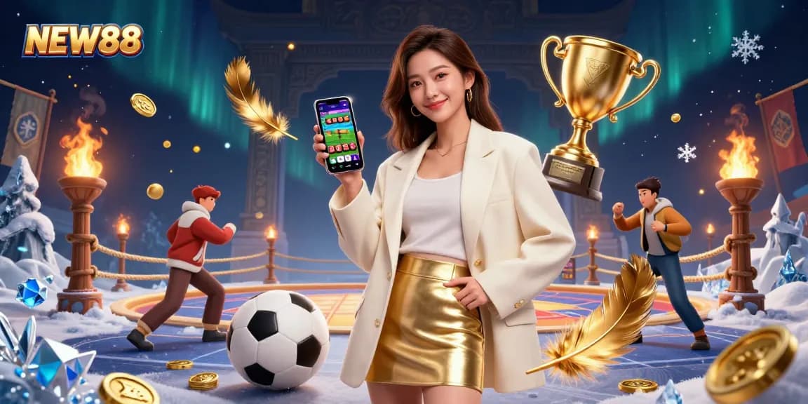 Experience thrilling sports betting action with NEW88 in a vibrant 3D casino setting.