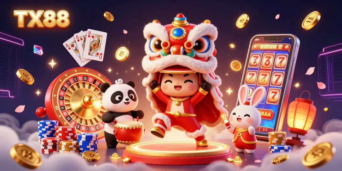 Experience the exhilarating TX88 online casino with festive characters and a vibrant gambling atmosphere.