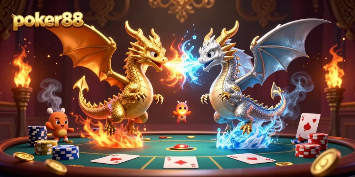 Permainan poker88 dengan dua naga kartun terbang, kartu dan chip, menunjukkan keberuntungan dalam perjudian.