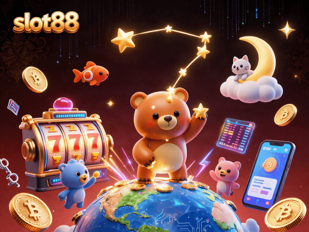 Experience thrilling gameplay with slot88 as a golden constellation bear scoops coins amidst vibrant slot reels.