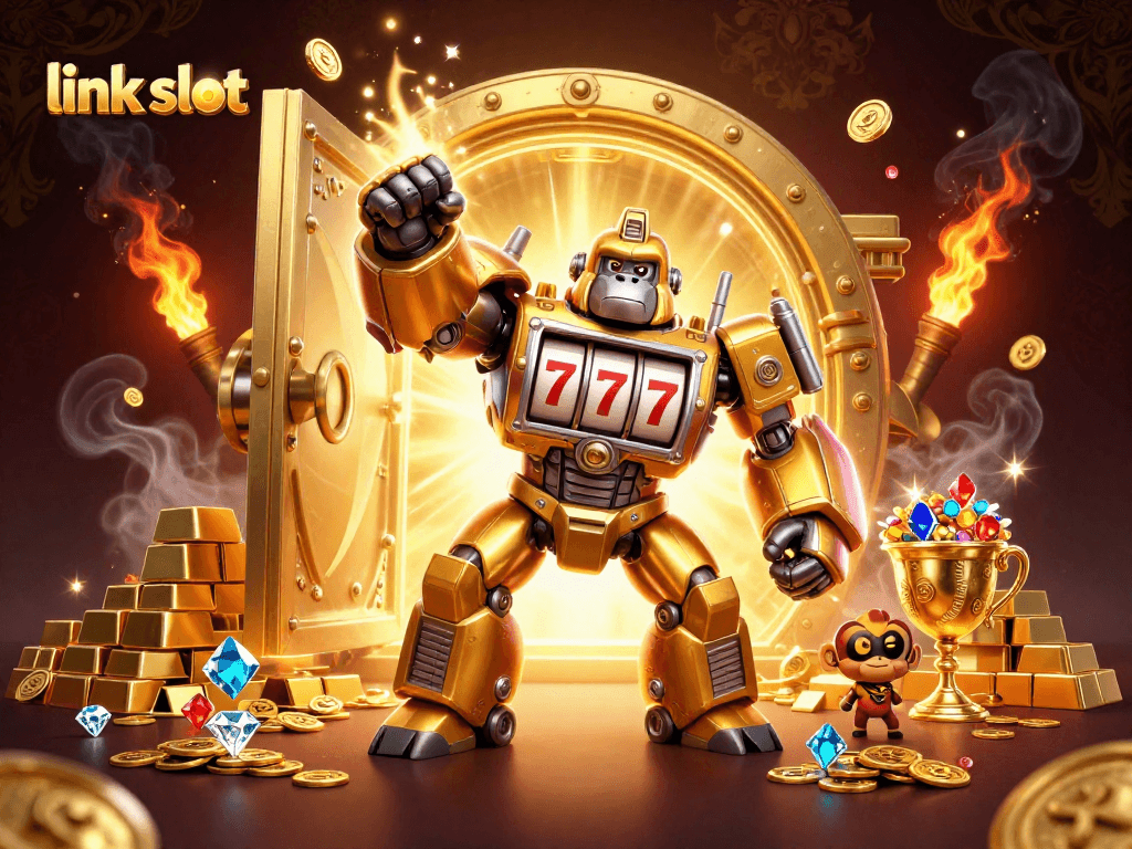 Engage in thrilling slots action with link slot featuring a golden gorilla mech and treasure.
