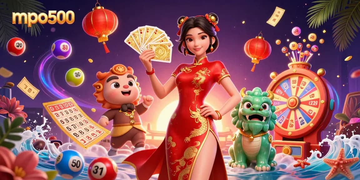 Experience festive gambling excitement with mpo500 featuring vibrant cards, lottery balls, and dynamic elements.