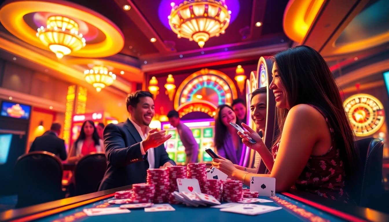 KTPJITU players celebrating a win at a slot machine in a vibrant casino setting.