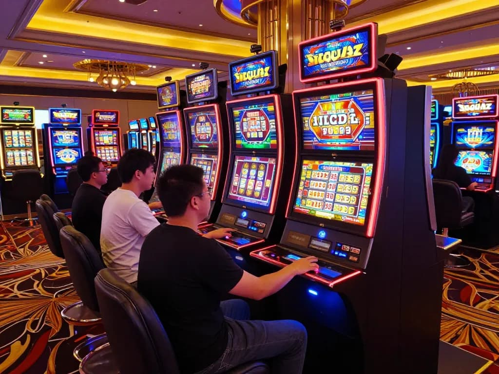 Engaged players enjoying Slot88 machines in a vibrant casino atmosphere, colorful neon lights adding to excitement.