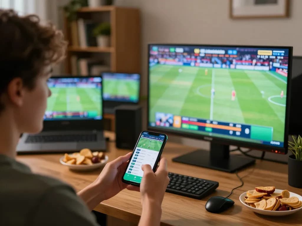 Engaged in live sports betting using nano banana 3 app on smartphone in cozy home.
