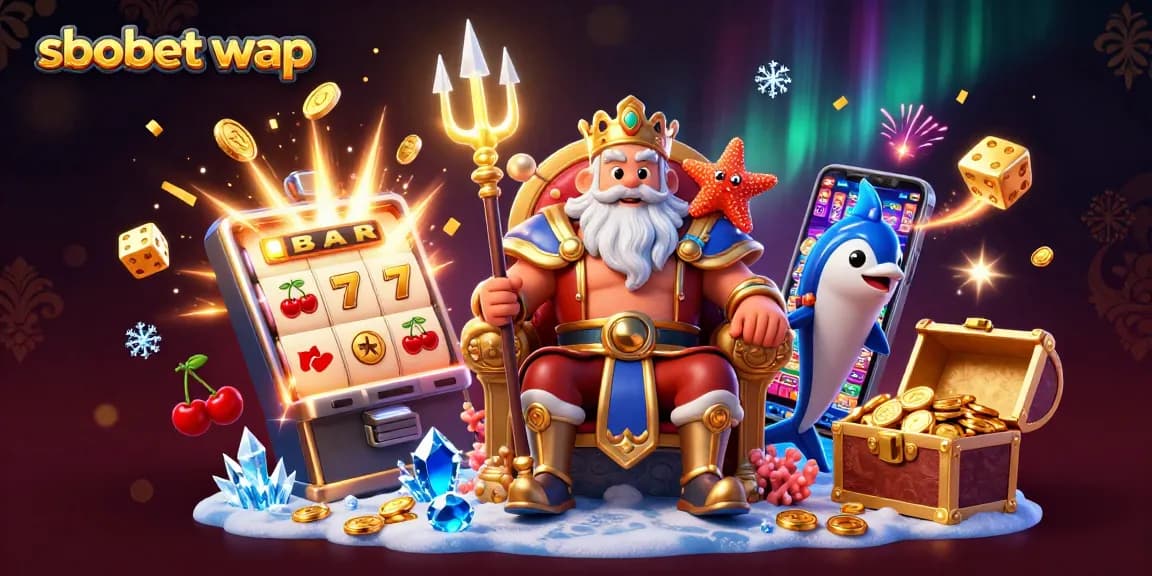 Play sbobet wap with a vibrant casino scene of Neptune and treasure-filled slots!