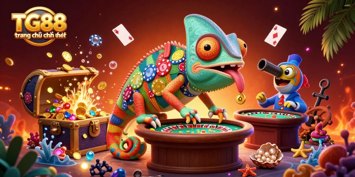Experience the action at TG88 trang chủ chính thức with vibrant casino gaming elements and playful characters.