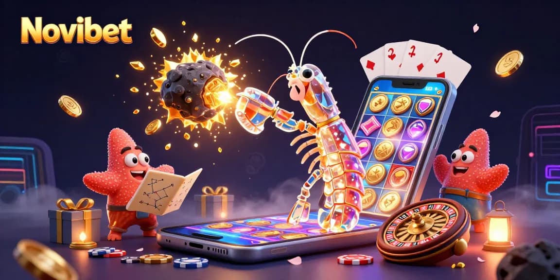 Bet on Novibet with vibrant casino games and gold coins erupting from a smartphone in a galactic setting
