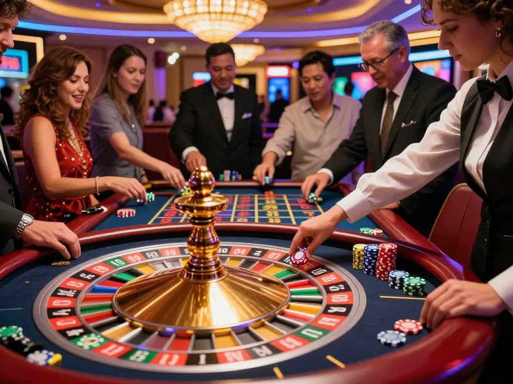 Players enjoying roulette excitement at 388bet casino with vibrant chips and spinning wheel.