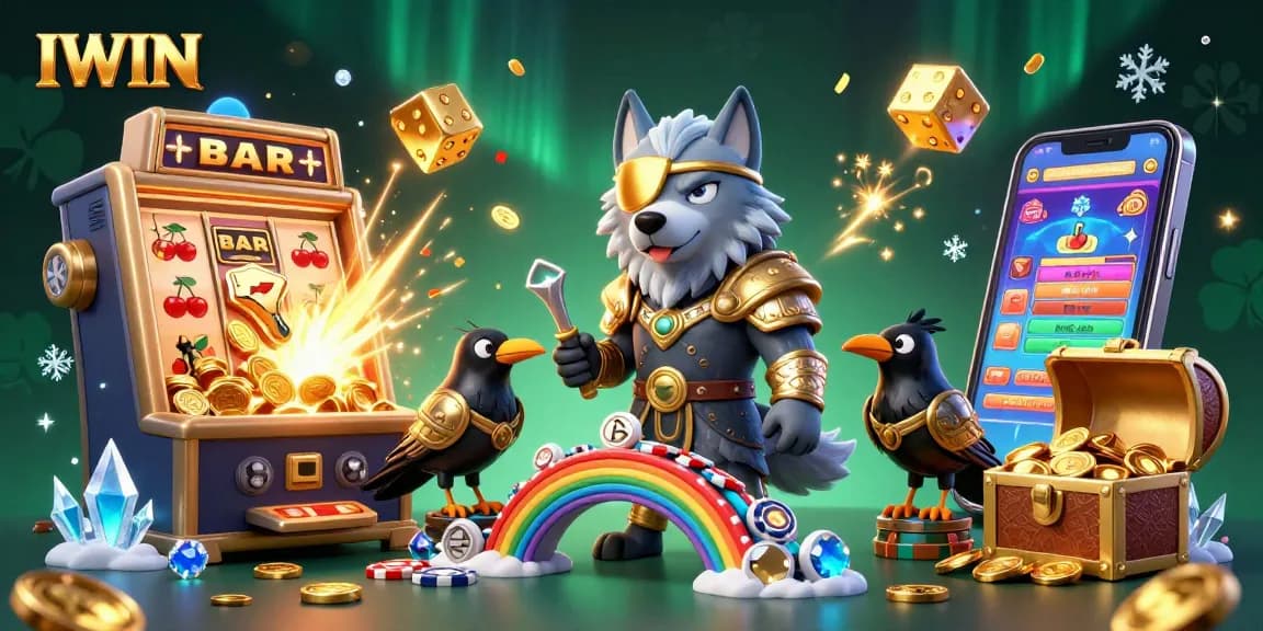 IWIN showcases a thrilling casino moment with a Norse wolf, ravens, and slot machine jackpot elements.