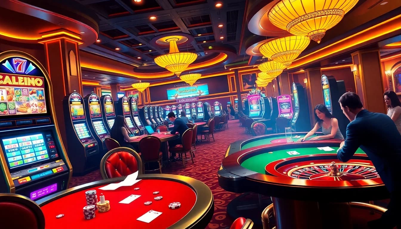 Menarik penjudi di meja kasino Datukwin dengan mesin slot berwarna-warni dan pemain yang meriah.