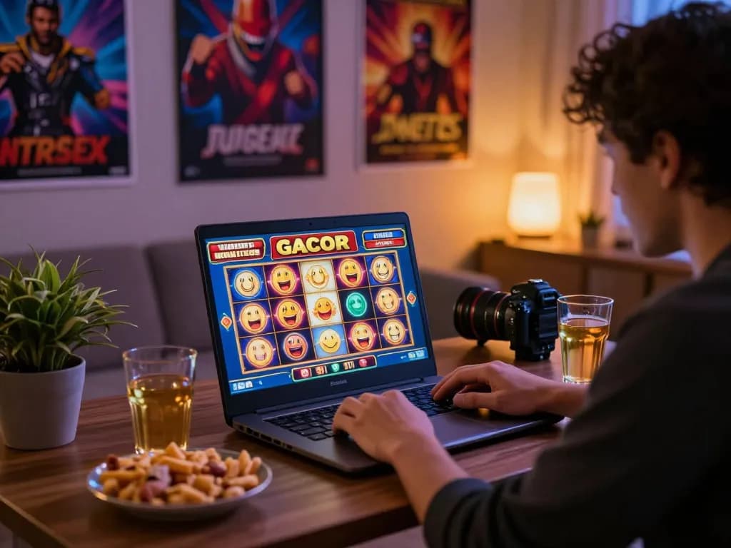 Pemain yang terlibat dengan permainan slot online gacor di laptop dalam ruangan yang nyaman dikelilingi oleh dekorasi yang cerah dan camilan.