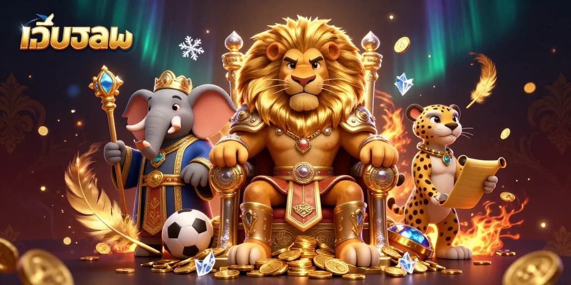 Bet on เว็บบอล with a dynamic scene featuring a lion king, wise elephant, and cheetah in a rich casino atmosphere.