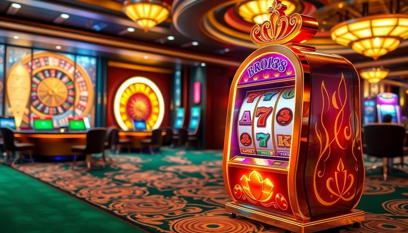 Experience the thrill of winning on the bro138 slot in a luxurious casino environment with vibrant colors and sophisticated design.