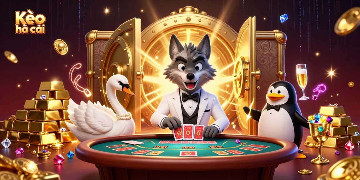 Kèo nhà cái showcases a lively baccarat scene with a debonair wolf, elegant swan, and sophisticated penguin