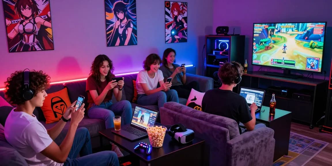 Friends enjoying hentai games in a vibrant gaming lounge with snacks and LED lights.