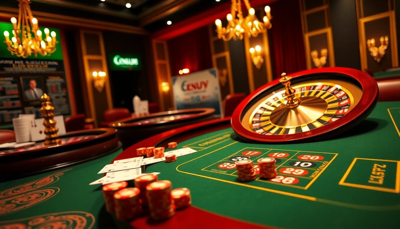 Luxury138 online platform showcasing casino ambiance with cards and roulette wheel.
