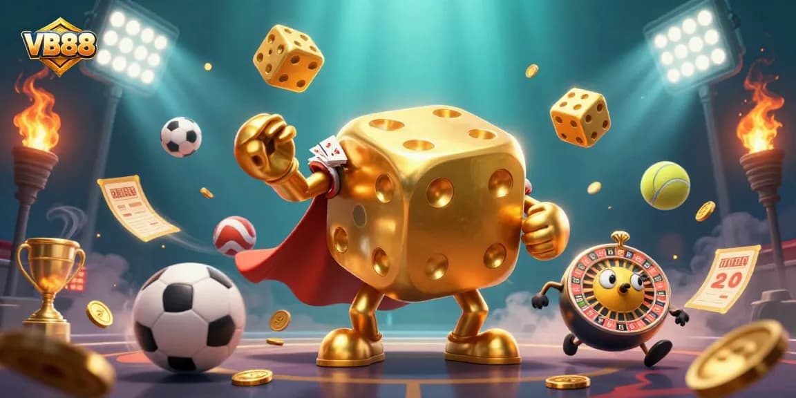 Engage with the vibrant VB88 gaming scene, featuring golden dice and dynamic sports action.