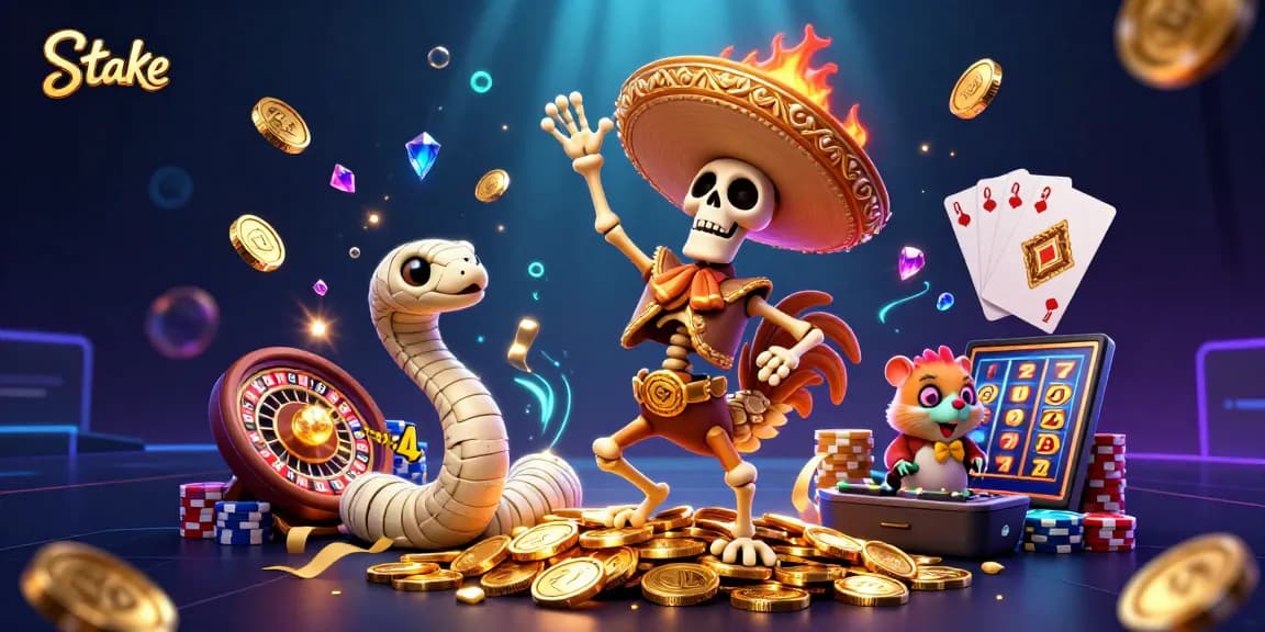 Experience Stake's vibrant gaming with a lively mariachi rooster and engaging casino elements.