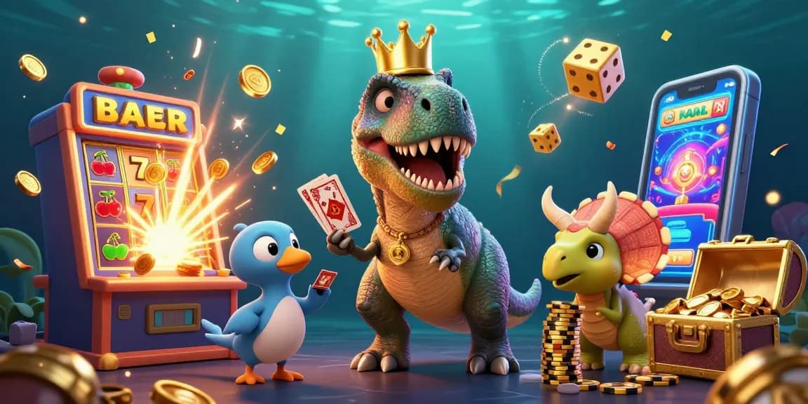 Experience the excitement of jp slot with a dynamic scene featuring a cartoon T-Rex and jackpot elements.