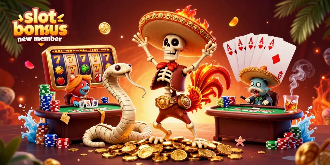 Celebrate with a lively 'slot bonus new member' scene featuring animated characters and vibrant casino elements.
