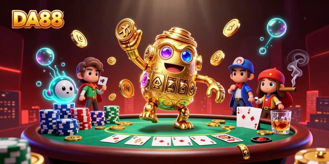 Spin to win with DA88 featuring a golden golem and poker elements in a vibrant casino scene.