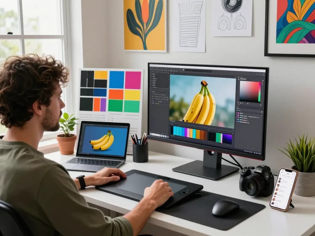 Digital artist editing with nano banana 2 in bright creative workspace filled with inspiration and technology.