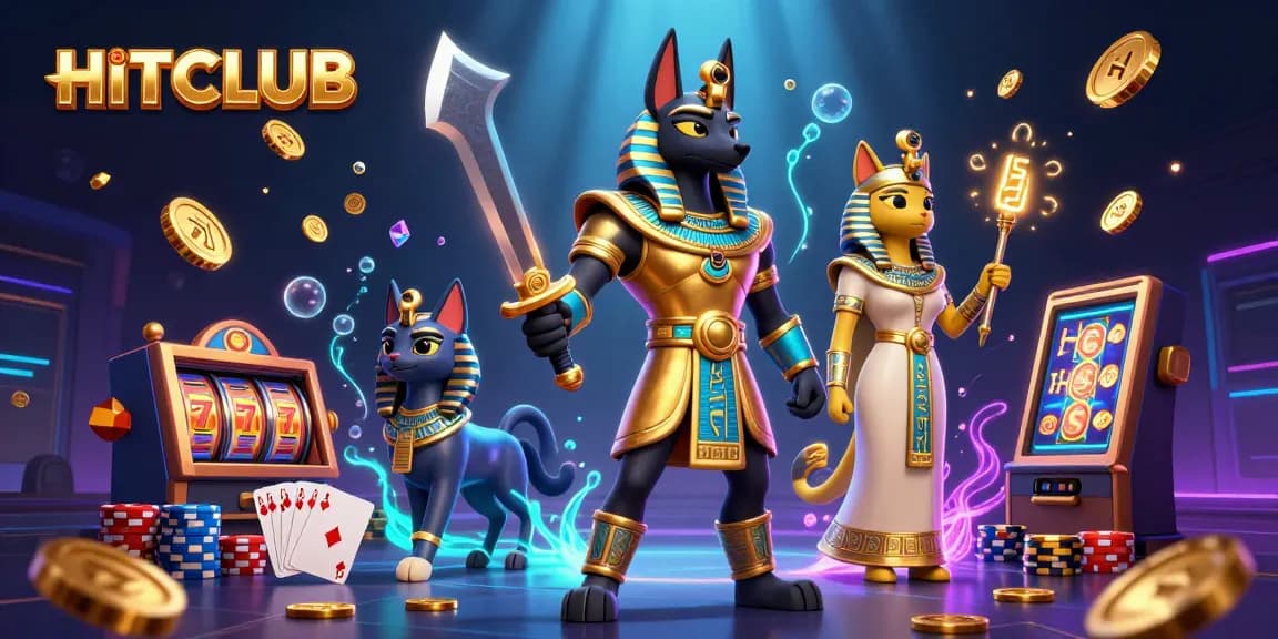 Engage in HITCLUB adventures with stunning slot reels, gold coins, and vibrant gaming elements.