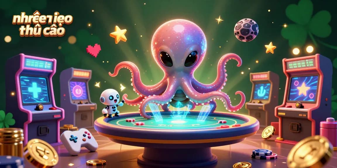 Engage with nhận định kèo nhà cái insights through a lively 3D casino-themed illustration featuring an alien octopus and a robot companion.