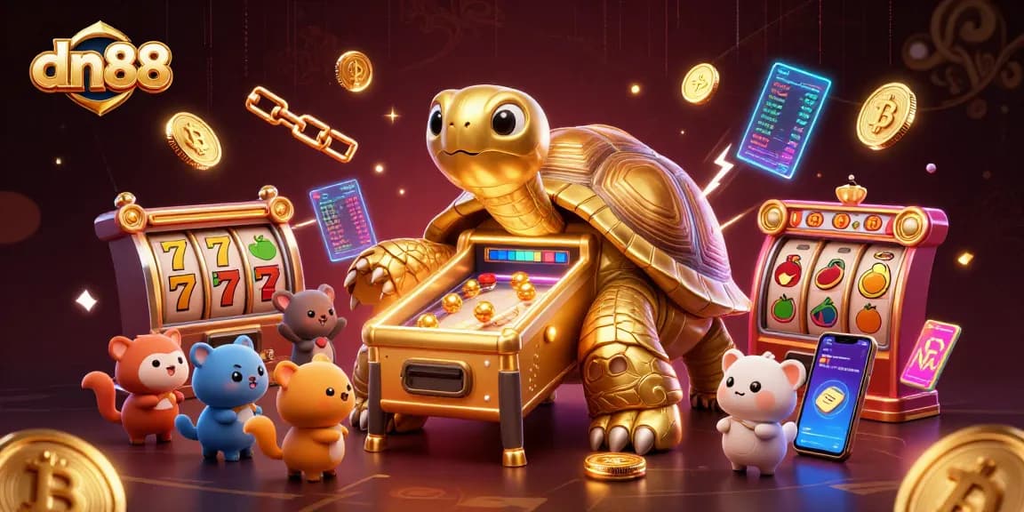 Engage with dn88's exciting slot and jackpot games, illustrated in a vibrant 3D scene.
