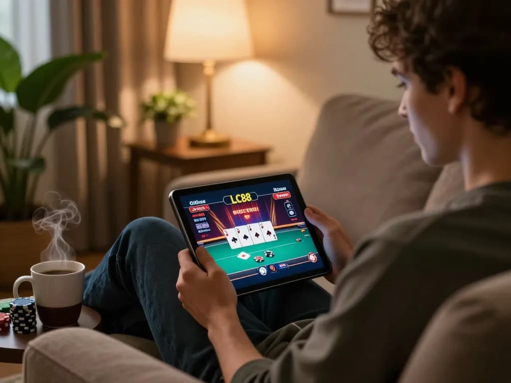 Engaging in online poker gameplay at LC88 with a cozy home atmosphere.