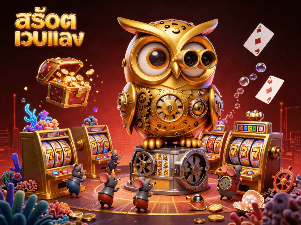 Spin slot machines at a lively สล็อตเว็บตรง casino, where a golden owl oversees a bustling gaming scene.