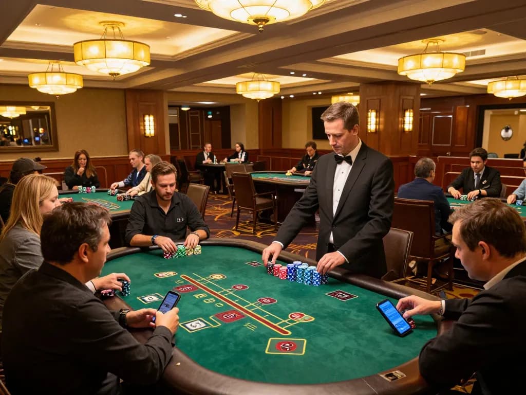 HM88 players strategizing in an upscale casino blackjack setting with vibrant chips and warm lighting